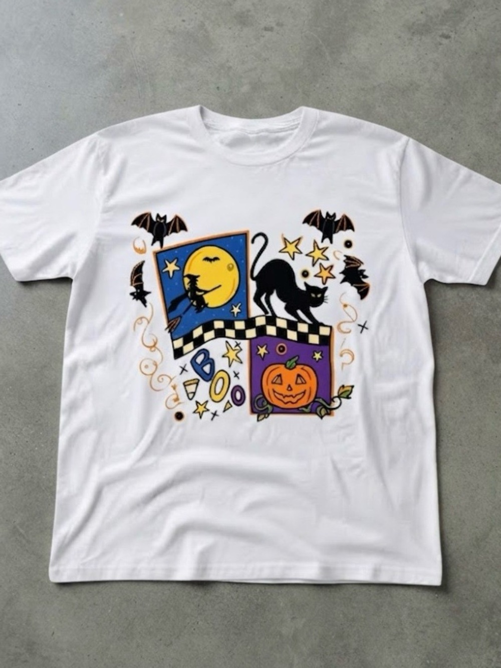 Halloween Witch Cat Pumpkin Spooky White Cotton Gildan T-Shirt